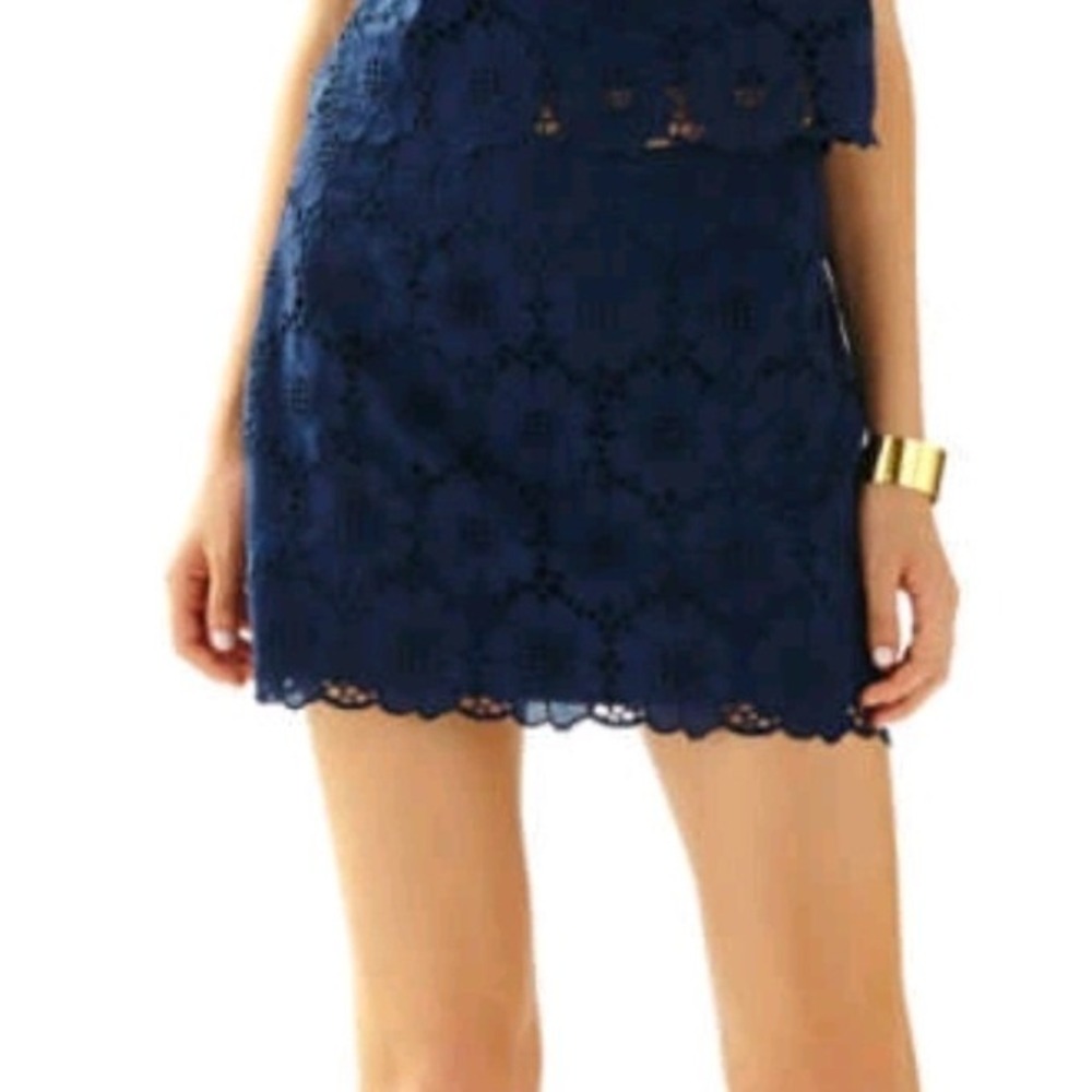 Lilly Pulitzer Navy Blue Floral Eyelet Mini Skirt Scalloped Hem Gold Palm Zip 0